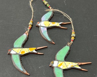 Swallow Mosaic Hanging Decoration 10cm: Yellow China and Green Stained Glass Home Decor