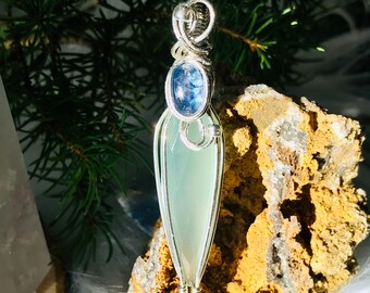 Green Chalcedony and Blue Kyanite Necklace Pendant.