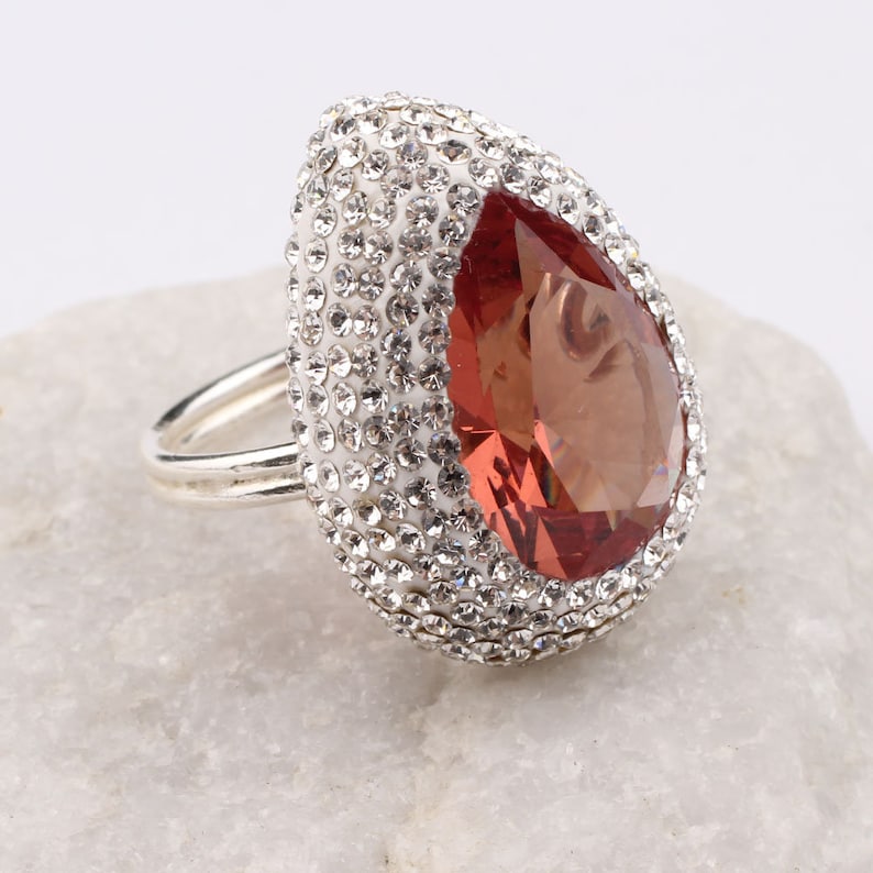 Teardrop Cut Sultanite Stone and Zirconia Womens Rhodium Plated Silver Ring,Woman Silver Sultanite Handmade Ring,Sultanite Ring For Woman