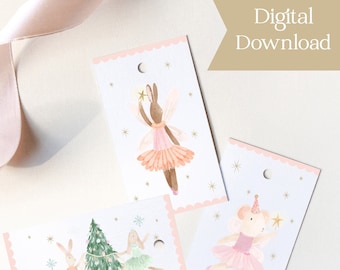 Digitale download kerstcadeaukaartjes, pastelkleurige muis- en konijntje-kersttags