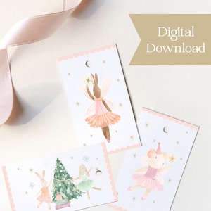 Étiquettes de Noël à téléchargement numérique, étiquettes de Noël pastel avec souris et lapin