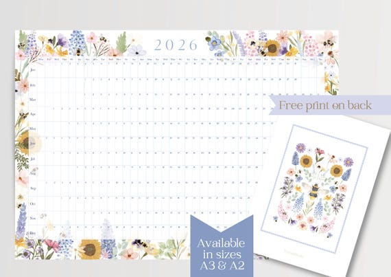 2026 Floral bee Wall planner with keepsake print in A3 or A2