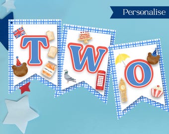 London Bear Party Bunting, Personalised Party Bunting, Blue And Red Bear Bunting