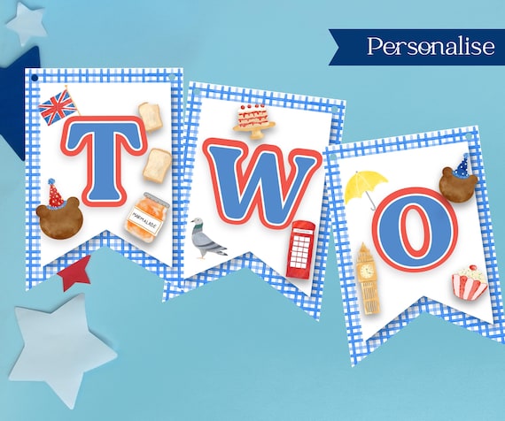 London Bear Party Bunting, Personalised Party Bunting, Blue And Red Bear Bunting