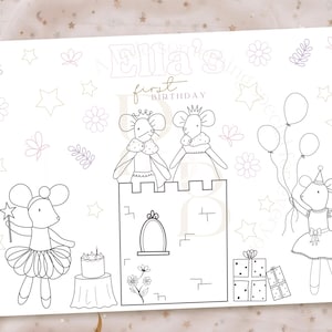 May include: A black and white coloring page featuring a castle with three mice. The castle has a drawbridge, a window, and a tower. The mice are dressed in princess and prince costumes. The text "Ella's first birthday" is written at the top of the page.
