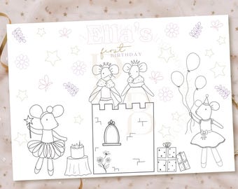 Hoja para colorear de cumpleaños personalizada de ratón y conejito con descarga digital