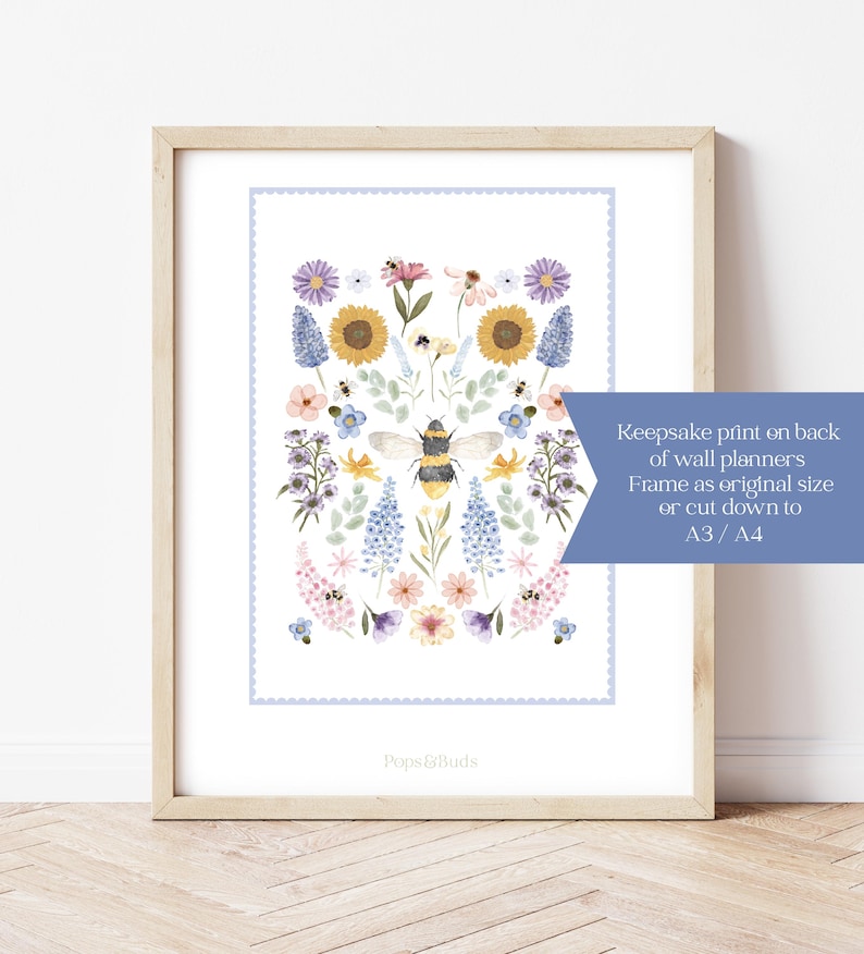 2026 Floral bee Wall planner with keepsake print in A3 or A2 image 2