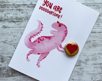 You Are Roooooarsome, Pink Dinosaur Card, Dinosaur Badge, Personalised Dinosaur card, T-rex card A6 Card with badge