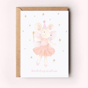 Petite fée fête souris carte A6 personnalisée, carte d'anniversaire fée lapin filles, carte d'anniversaire personnalisée