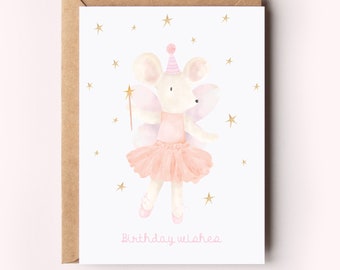Fairy Mouse Birthday Card, Girls Party, Personalised A6 Card