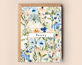 Watercolour Wild Flower Personalised banner Card A6, Card's for Mum's, Cards for Nanny, Cards for Nana, Mother's Day UK