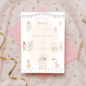 DIGITAL DOWNLOAD One page, Personalised Little Mouse & Bunny's tea party invitations, A5 invitations , tea party invitations.