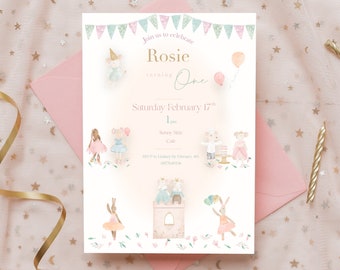 Mouse & Bunny Tea Party Invitation, Personalized A5 (Digital Download)