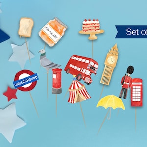 May include: Set of 12 London-themed cake toppers. Includes a red double-decker bus, Big Ben, a red telephone booth, a royal guard, a pigeon, a jar of marmalade, a slice of toast, a cake, a red postbox, a circus tent, an umbrella, and an Underground sign.