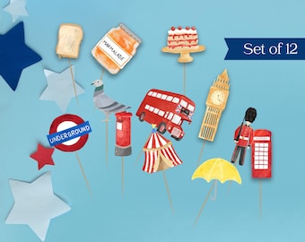 Set of 12 London theme cake toppers, Cupcake toppers, London Tea Party, London Bear Tea Party, London Circus, Children's Party Decorations