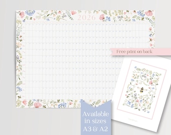 2026 Floral Bee Wall Planner with keepsake print on back size A3 or A2