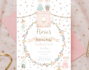May include: A pink and white invitation with a floral border and a castle with two mice on top. The text reads "Florie's first Birthday Party, Sunday 15th June, 1pm-4pm, Franky Monk Epping, CM16 4AP, RSVP to Sarah by May 1st on 0775483396".