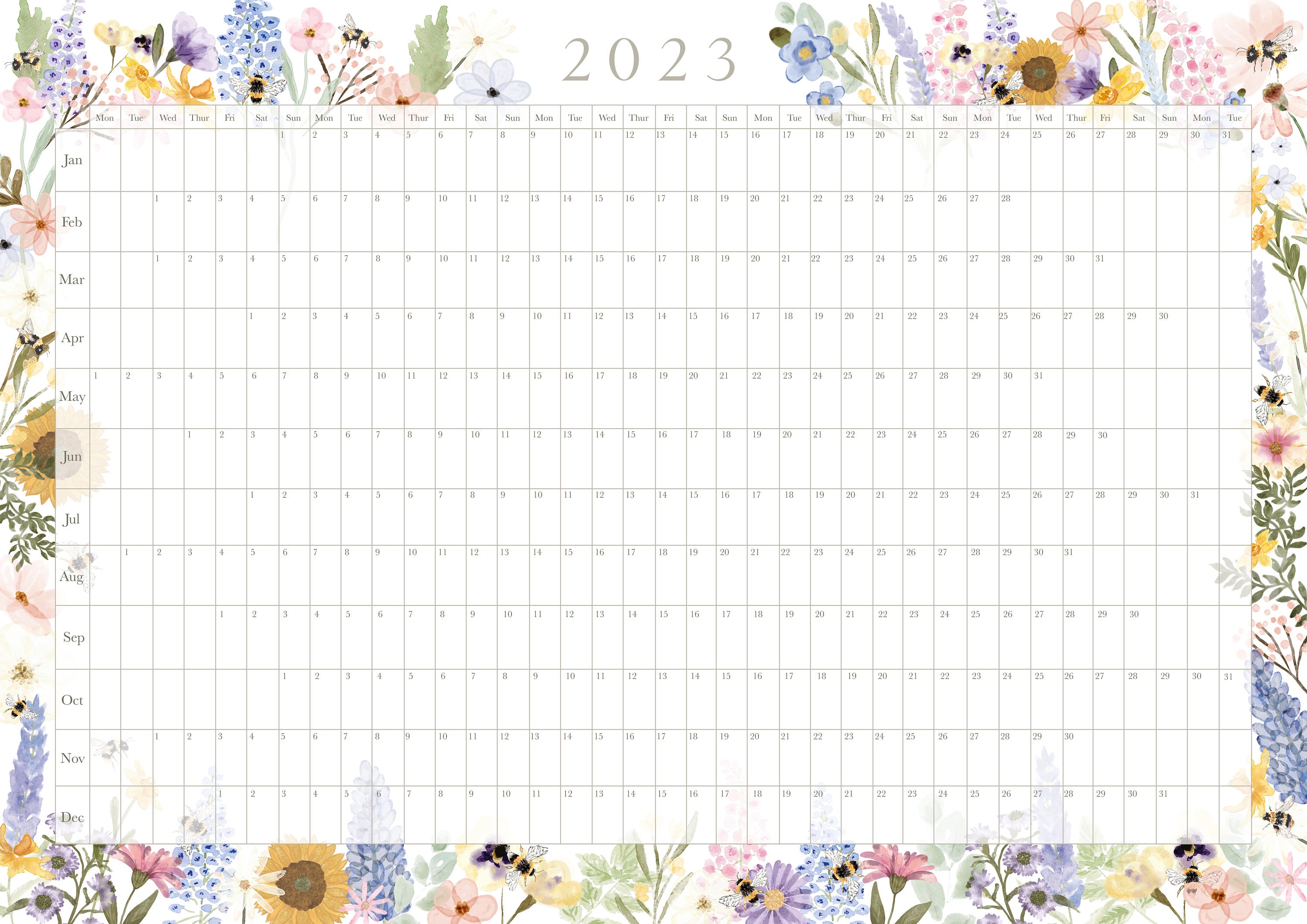 A2 2023 Wall Planner A2 Wall Calendar Floral Bee Calendar Etsy Singapore