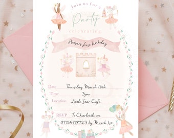 May include: A pink and white invitation card with a floral border. The card features a whimsical illustration of fairies and a castle. The text on the card reads "Join us for a Party celebrating Harpers first birthday. Thursday March 16th 3pm Little Star Cafe. RSVP To Charlotte on 07765998723 by March 1st."