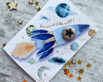 Blue Rocket ' You are out of this world' A6 card with badge. Children's Valentines Cards, Children's Birthday Cards