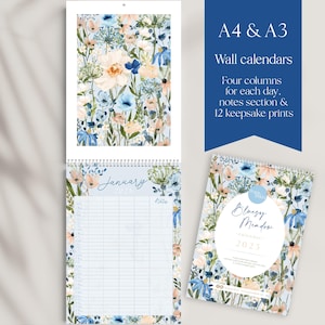 Blue Floral Calendar with 12 prints , 2025 Wall Calendar, Family Calendar, 2025 Family Calendar, A4 or A3 Wall Calendar, Family Planner