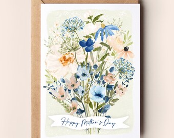 Watercolour Wild Flower Bouquet  Personalised banner Card A6, Card's for Mum's, Cards for Nanny, Cards for Nana, Mother's Day UK