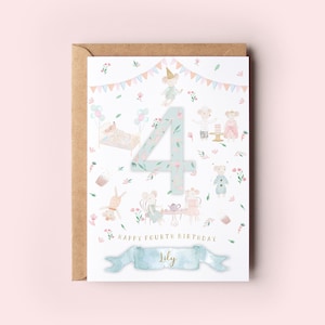 Gepersonaliseerde kaart Little mouses tea party, meisjesfeestdecor, kinderverjaardagskaarten VK, handgeschilderde aquarel, A6-kaart,