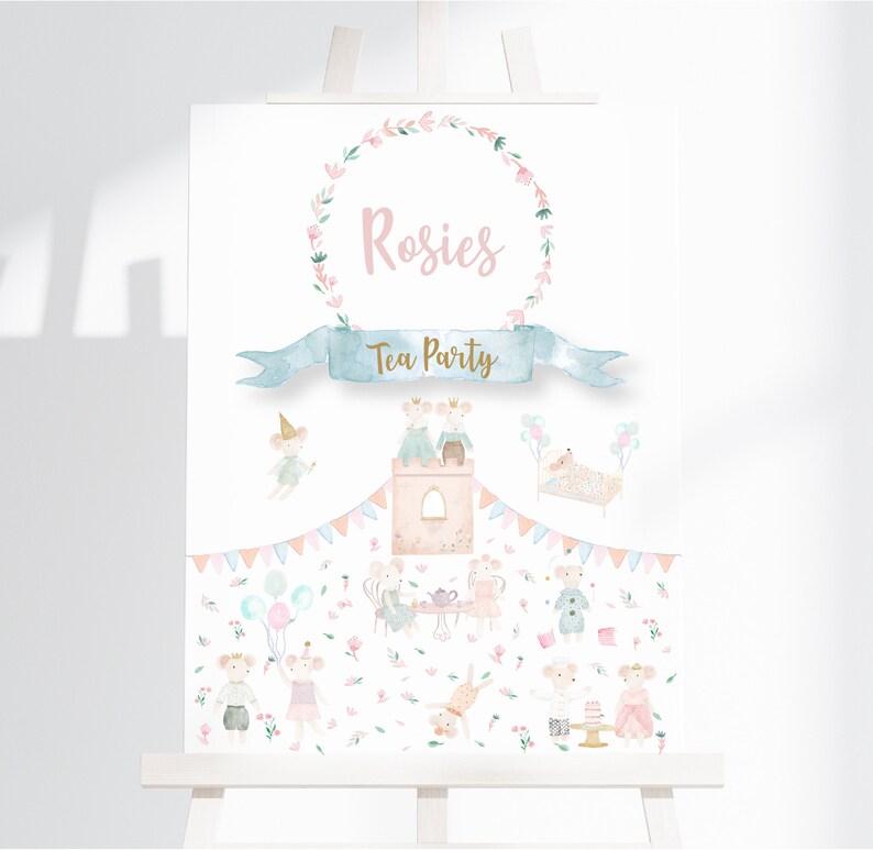 Puede incluir: Una ilustraci&oacute;n de acuarela de una fiesta de t&eacute; con ratones. La ilustraci&oacute;n presenta un castillo rosa con una pancarta azul que dice "Rosie's Tea Party". Hay ratones con coronas, tomando el t&eacute; y jugando con globos.