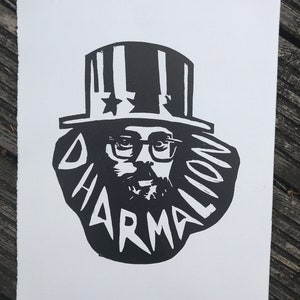 Allen Ginsberg. Dharma Lion. Hand Made. Original A3 linocut print on Zerkall paper.