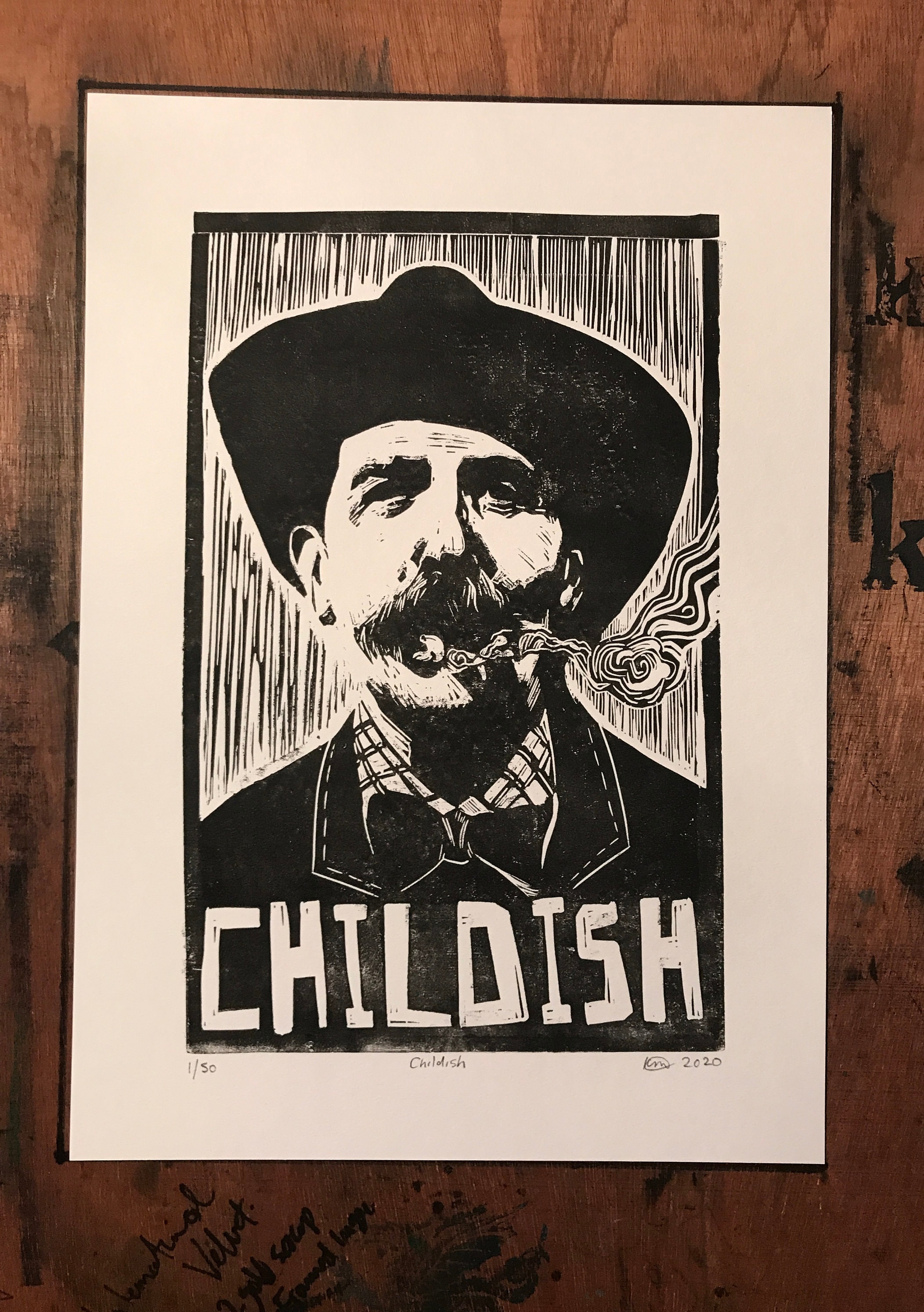 Billy Childish. Hand Made. Original A4 linocut print. Limited and Signed. Art.
