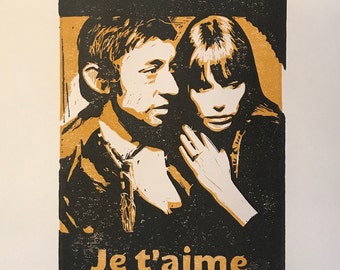 Serge Gainsbourg Jane Birkin. Je t'aime. Hand Made. Original A4 linocut print.