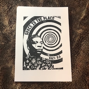 Sun Ra. Space is the Place. Hand Made. Original A4 linocut print.