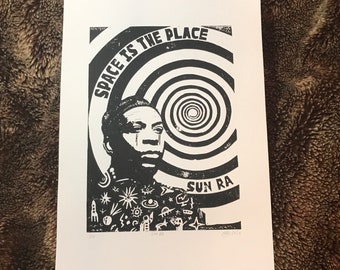 Sun Ra. Space is the Place. Hand Made. Original A4 linocut print.