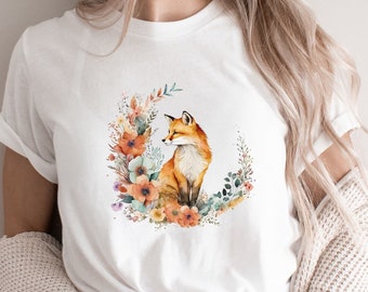 Boho Fox Cottagecore Shirt, Goblincore Shirt, Whimsigoth T-Shirt, Floral Fox Fairycore Dark Academia Tee Green Witch, Woodland Animal Boho