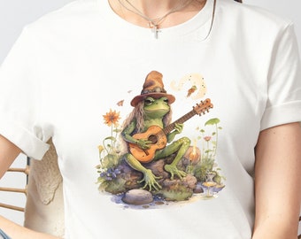 Cottagecore Toad T-Shirt, Frog Hippie Tee, Vintage Style Botanical Shirt, Frog Playing Guitar, Dark Academia, Goblincore, Fairycore