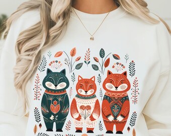 Scandinavian Folk Art Cat Boho Norwegian Floral Sweatshirt Cottagecore Shirt Hygge Botanical Crewneck Vintage Hoodie Swedish Tee Shirt