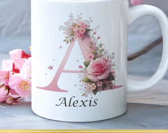 Floral Initial Mug: Personalized Letter Coffee Mug, Gift for Mom (11 oz)