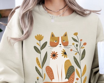 Scandinavian Folk Art Shirt, Scandinavian Cat Sweatshirt, Botanical Shirt Hygge Sweater, Aesthetic Nordic Sweatshirt Gift for Cat Mom