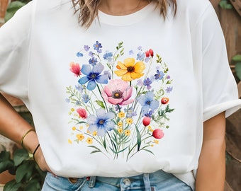 Pressed Flowers Tshirt, Boho Wildflowers Cottagecore Shirt, Oversized Vintage Botanical Tee, Pastel Floral Nature Shirt, Garden Lover Shirt