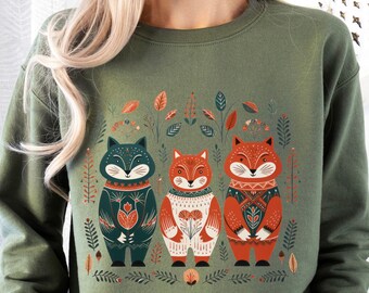 Scandinavian Folk Art Cat Boho Norwegian Floral Sweatshirt Cottagecore Shirt Hygge Botanical Crewneck Vintage Hoodie Swedish Tee Shirt