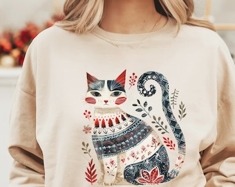Scandinavian Folk Art CatTshirt Boho Norwegian Floral Sweatshirt Cottagecore Shirt Hygge Botanical Crewneck Vintage Hoodie Swedish Tee Shirt