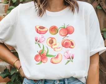 Peaches Shirt, Fruit shirt, retro peach shirt, Cottage core Clothing, Botanical Shirt, Vintage peach Fruit Shirt, Aesthetic Clothing