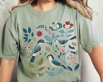 Cottagecore shirt, Folk Art Shirt, short  sleeve Comfort Colors Shirt, Folk Art Bird Shirt, Boho Scandi, Naturecore shirt, nature lover gift