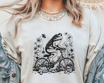Women's Frog Shirt,  Animal on Bike Shirt, Bicycle Tshirt, Gift for wife or girlfriend,Frog Tshirt , goblincore shirt, cottagecore toad tee