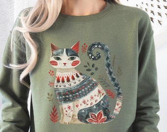 Scandinavian Folk Art CatTshirt Boho Norwegian Floral Sweatshirt Cottagecore Shirt Hygge Botanical Crewneck Vintage Hoodie Swedish Tee Shirt