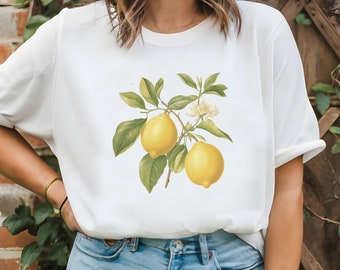 Camiseta de fruta de limón, camiseta botánica, camiseta con estampado de cabaña, camiseta de jardinería con estampado de limón, camiseta estética de frutas, camiseta de limón, camiseta de cítricos