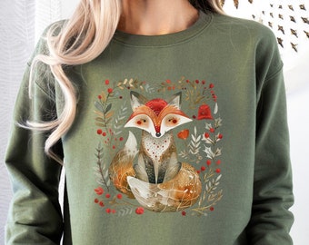 Scandinavian Fox Christmas Sweatshirt,  Retro Cottage Core Fox Sweatshirt, Women Oversized Sweatshirt, Vintage Norwegian Folk Art Sweater,