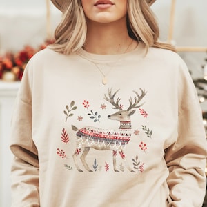 Scandinavian Deer Christmas Sweatshirt, Retro Cottage Core Deer Sweatshirt, Women Oversized Sweatshirt, Vintage Norwegian Folk Art Sweater,