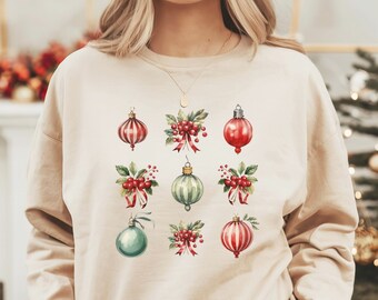 Vintage Ornament Christmas Sweatshirt, Christmas decoration Sweatshirt, Retro Graphics Christmas Tree Sweatshirt, Womens Christmas Gift