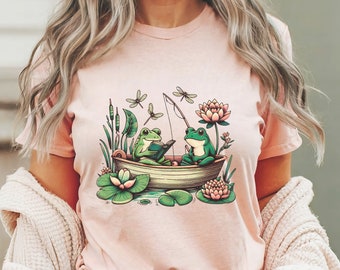 Retro Frog Shirt,  Frog Reading Book T-hirt, Cottagecore Shirt, Cute Frog Shirt, Fairycore Shirt, Frog and Toad Shirt, Wildflower Shirt